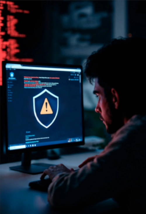 Les risques numériques : le risque cyber Un homme devant son ordinateur dans une pièce sombre. Sur l'écran on voit un bouclier avec le triangle représentant le danger.