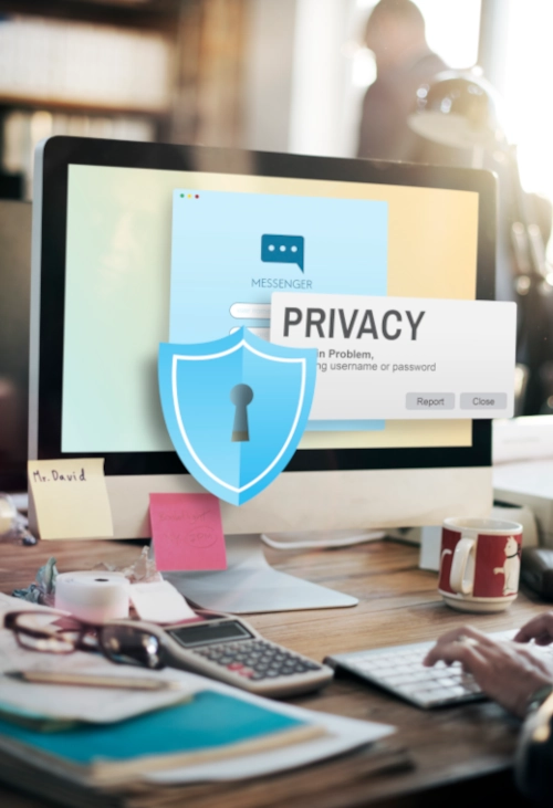 Sécurisons votre avenir numérique ensemble Un ordinateur de bureau avec un dessin de bouclier et le texte "Privacy"
